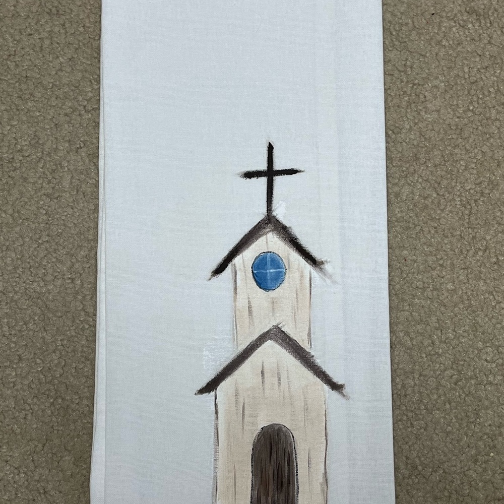 Rustic Church Hand Painted Tea Towel